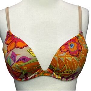 Victorias Secret Y2K Push Up Bra Womens 34C Orange Tan Floral Underwire Retro